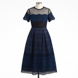 Roselani Lace Midi Dress Womens Small‎ 4 Navy Blue Sheer Illusion Short Sleeve